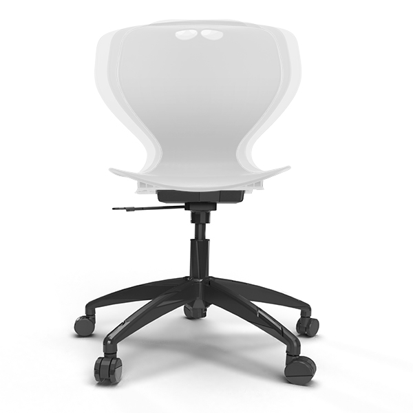 Vit stol med svart fotkryss visar rörelse i sidled. 